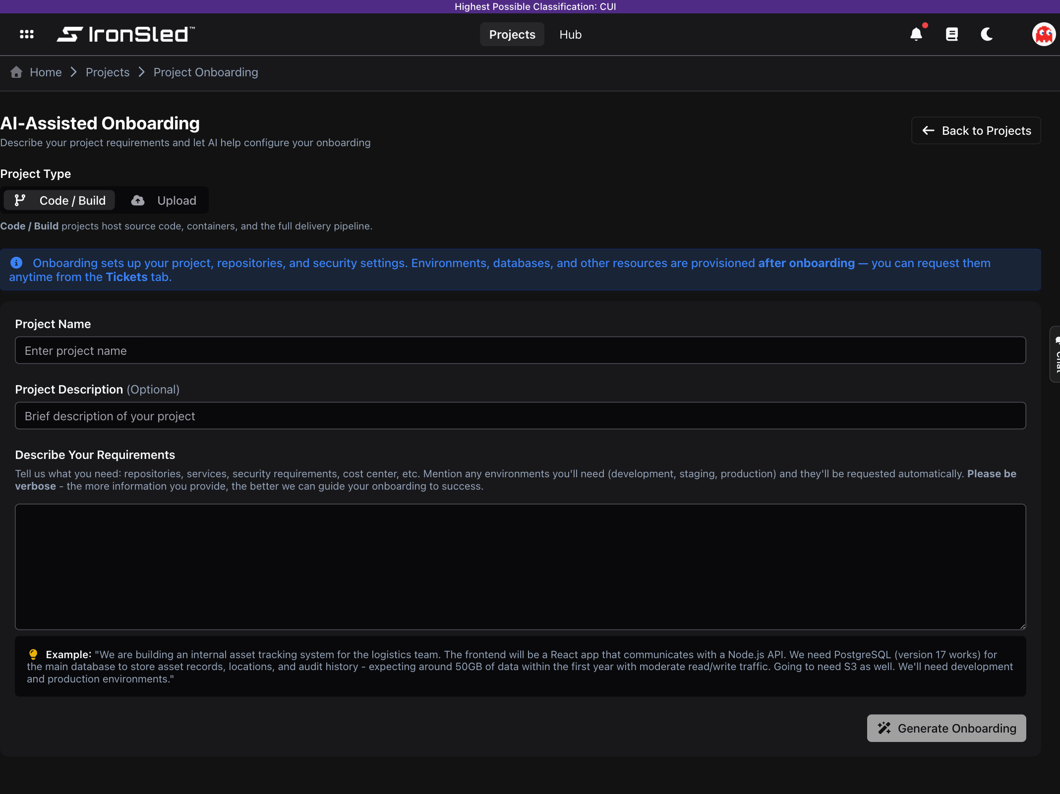 The AI-Assisted Onboarding screen for a Code / Build project — the Project Type toggle (Code / Build vs Upload), the Project Name and Project Description fields, a free-form "Describe Your Requirements" box, and a Generate Onboarding button that turns the description into a proposed repository and project configuration