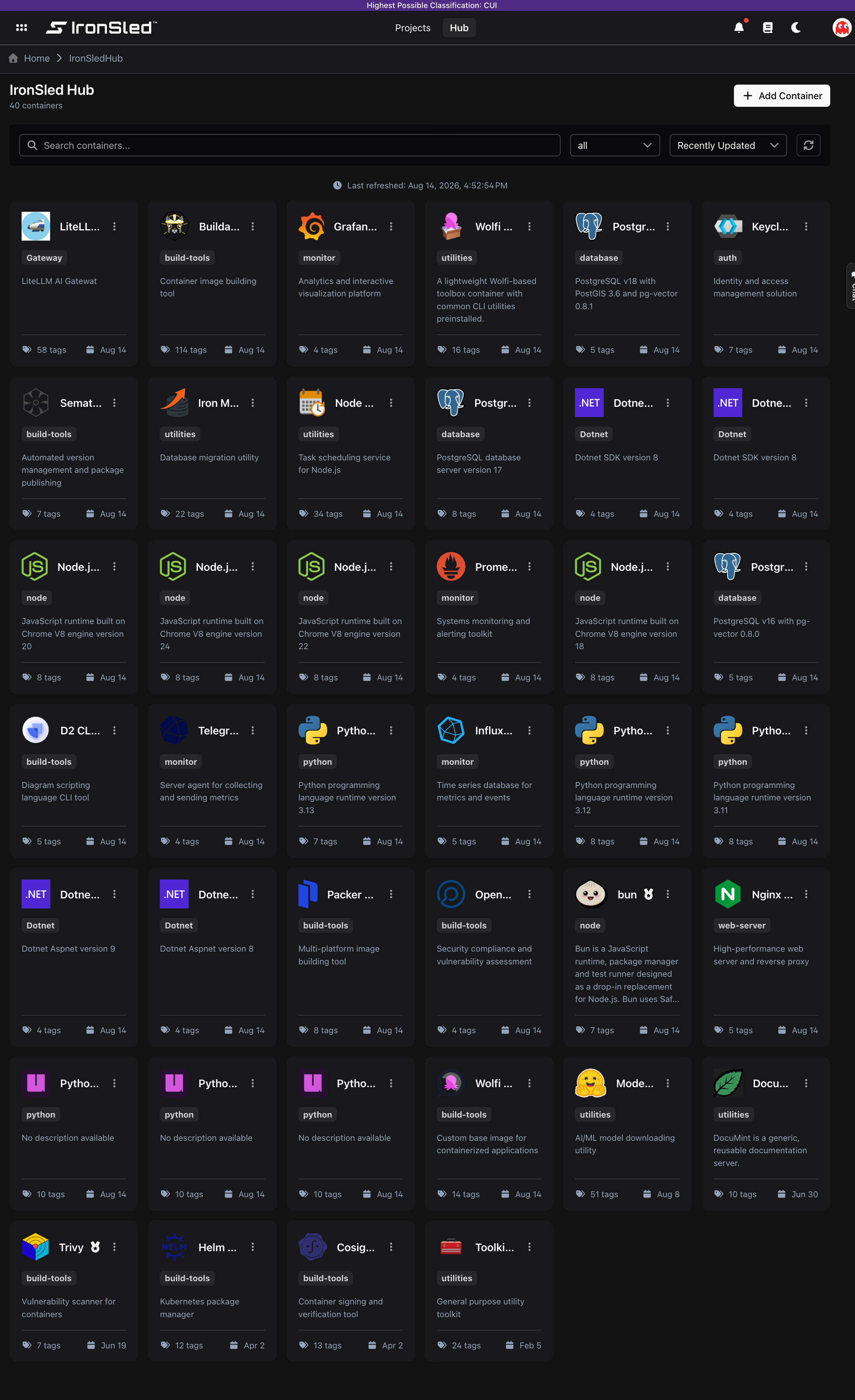 The IronSled Hub browsing view — a searchable, filterable grid of secure base-image cards (Node.js, Python, PostgreSQL, Grafana, Keycloak, Buildah, and more), each showing its category tag, tag count, and last-updated date, with the category filter and sort controls above the grid