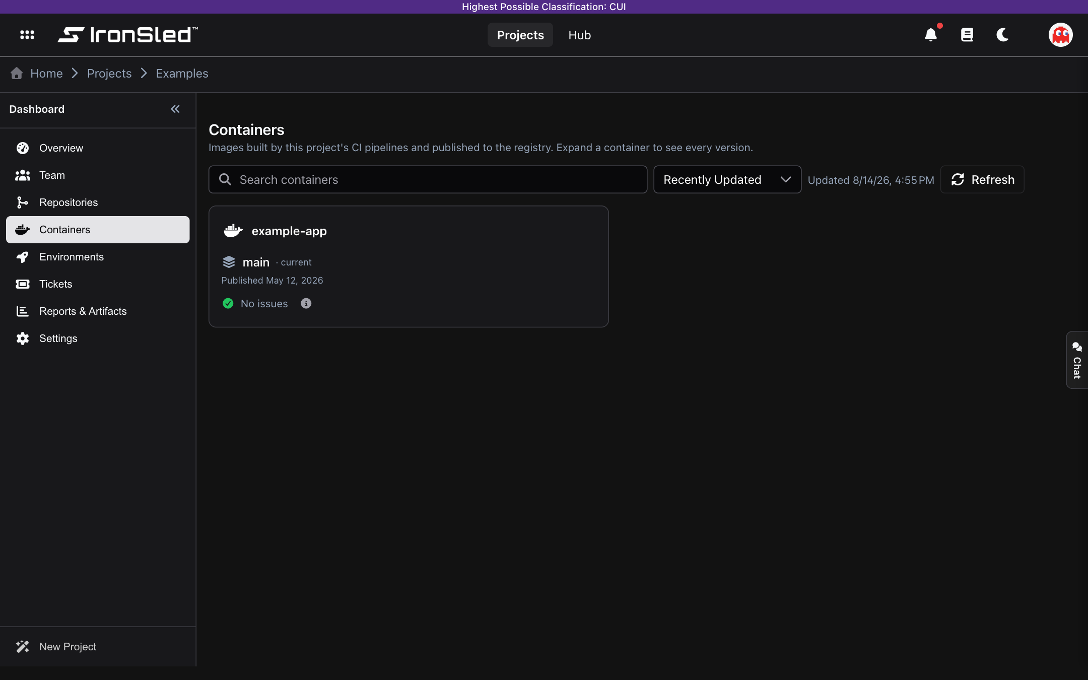 The Containers section for a code project — container images auto-discovered from CI pipelines, showing the example-app container with its current tag, published date, and a green "No issues" Trivy scan result, alongside search, sort, and refresh controls