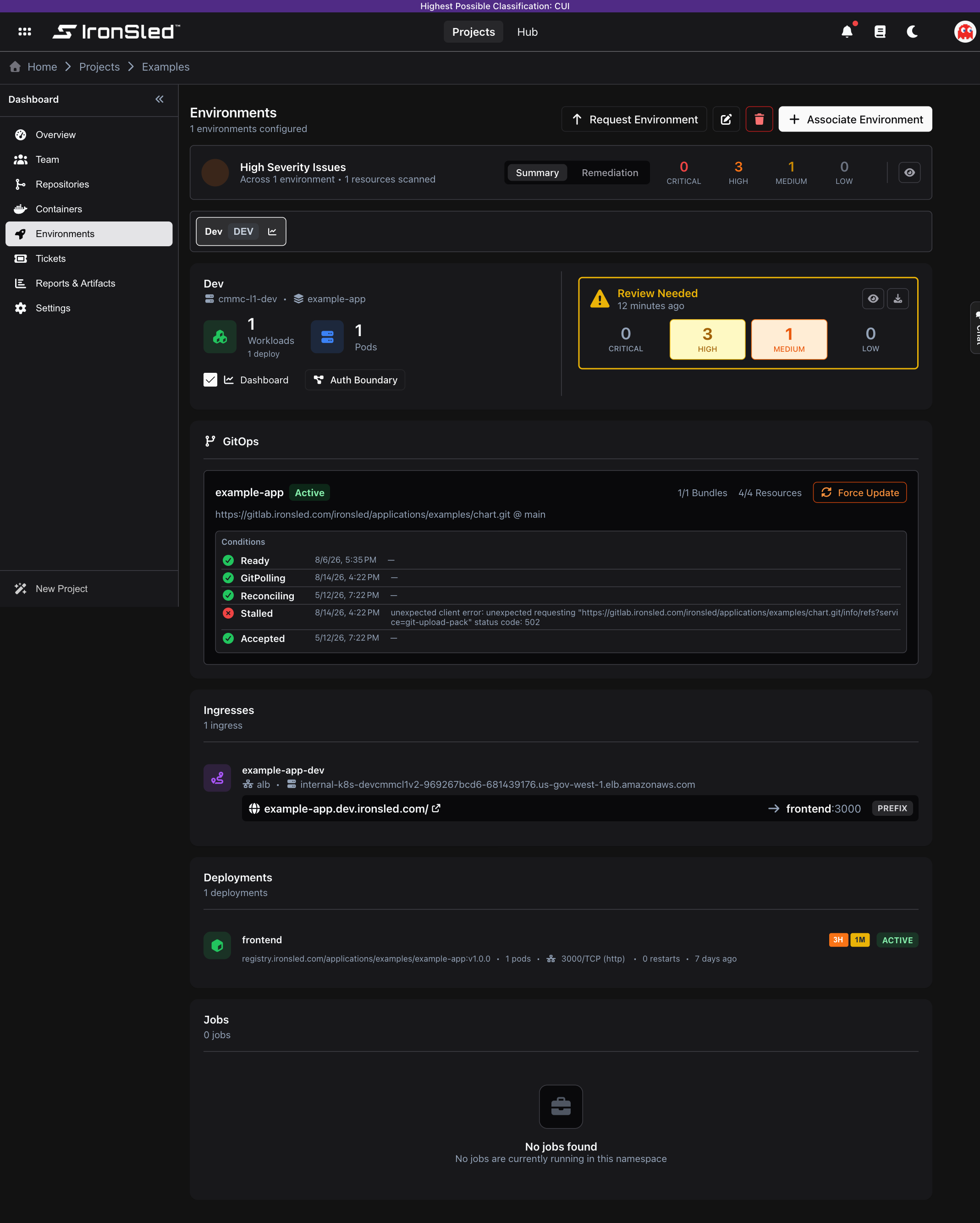 The Environments section showing Kubernetes workloads, pods, and runtime security findings
