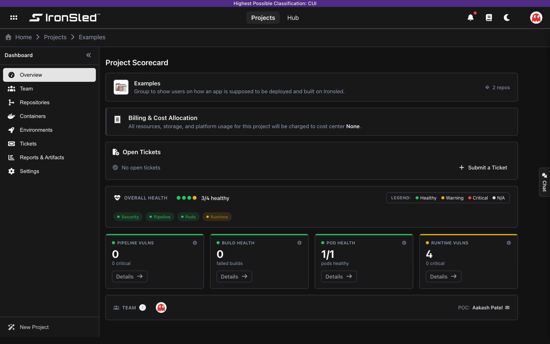 The IronSled Project Scorecard — overall health, KPI cards, billing and cost allocation, open tickets, and team