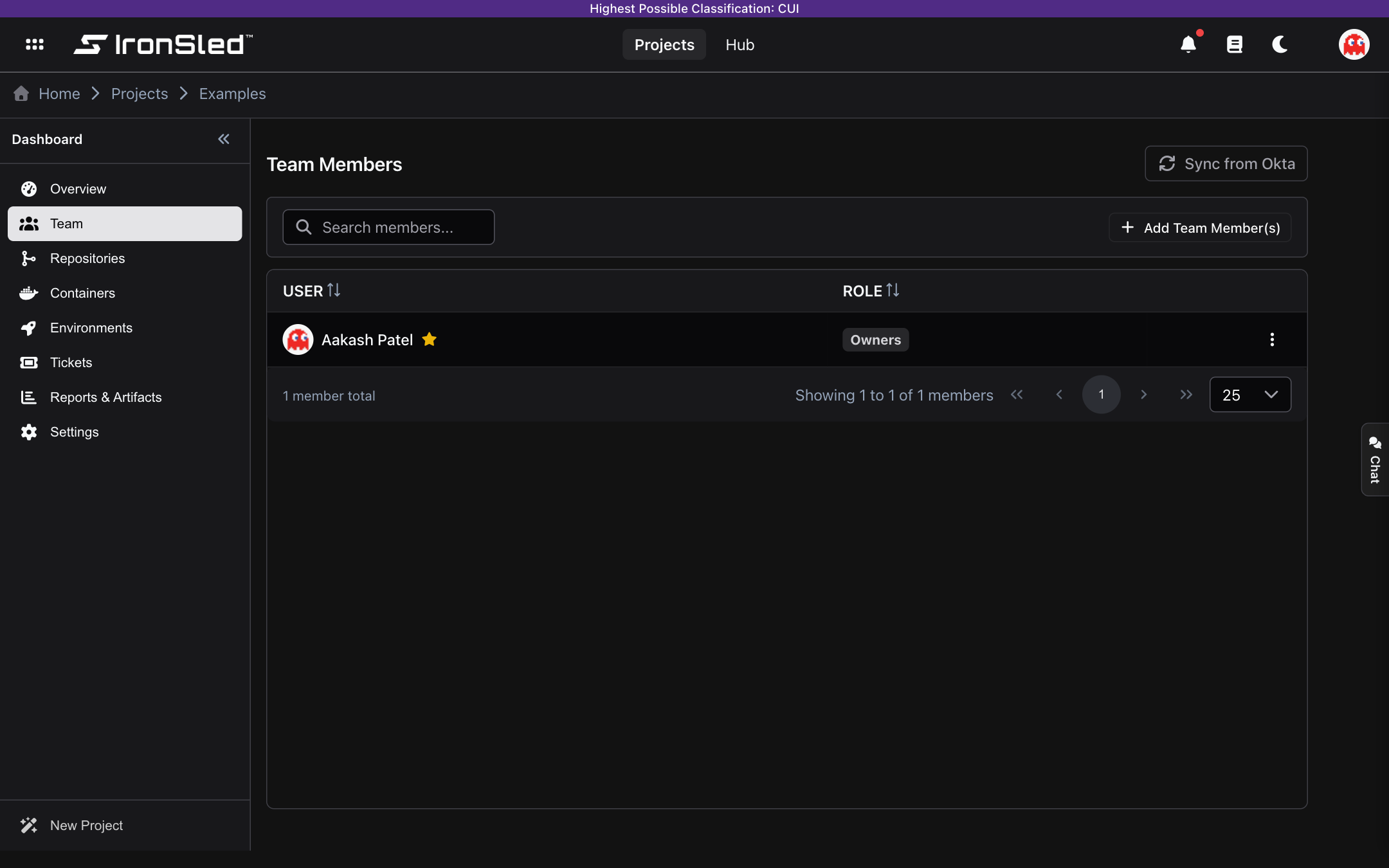 The Team section for a project — the Team Members table listing each member with their assigned role (Owners, Maintainers, Developers, Reporters, or Guests) and a Point-of-Contact star, alongside the Add Team Member(s) and Sync from Okta actions