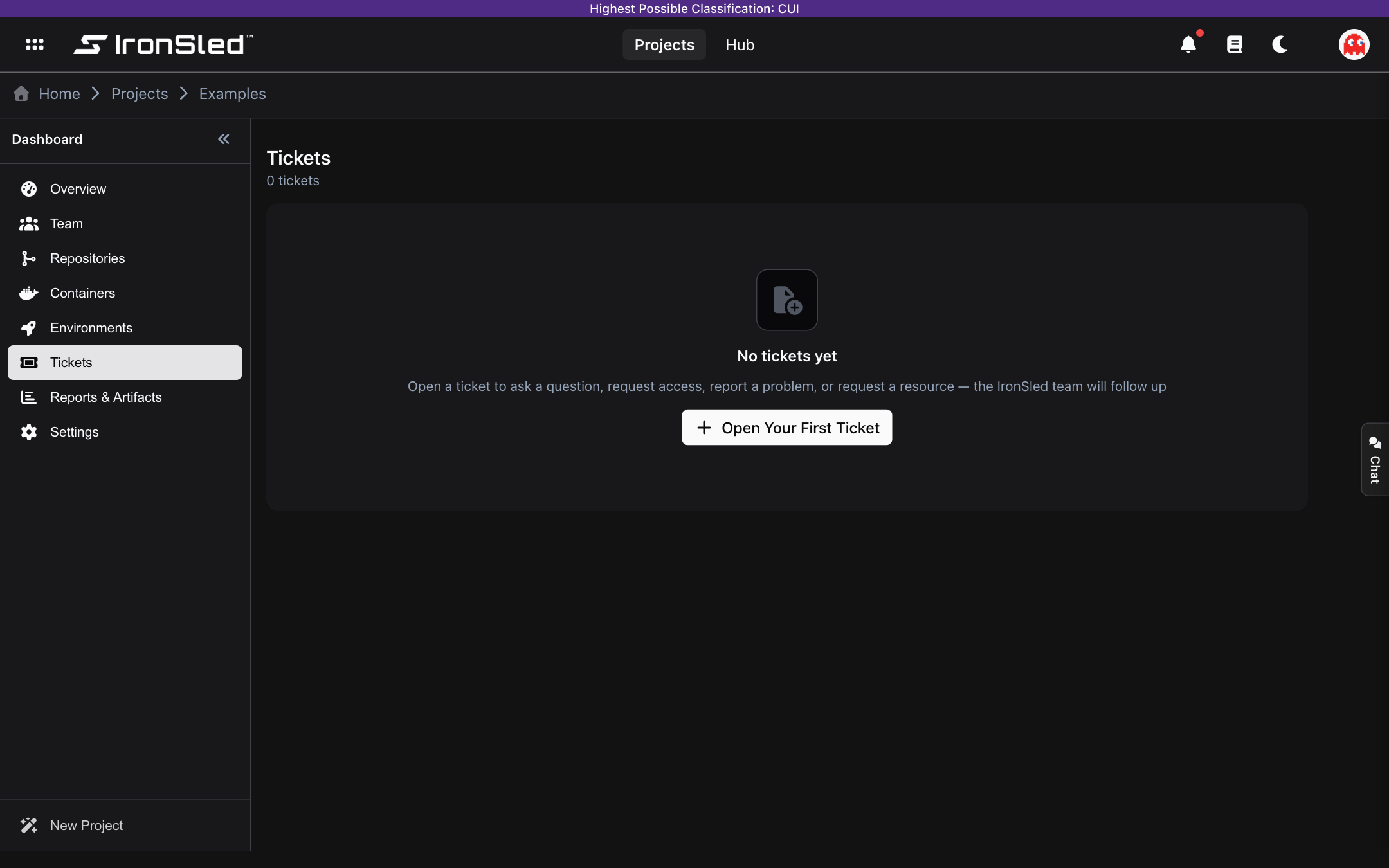 The Tickets section for a project with no tickets yet — an empty state prompting "Open Your First Ticket" to request an environment, database, storage, or networking change from the platform team