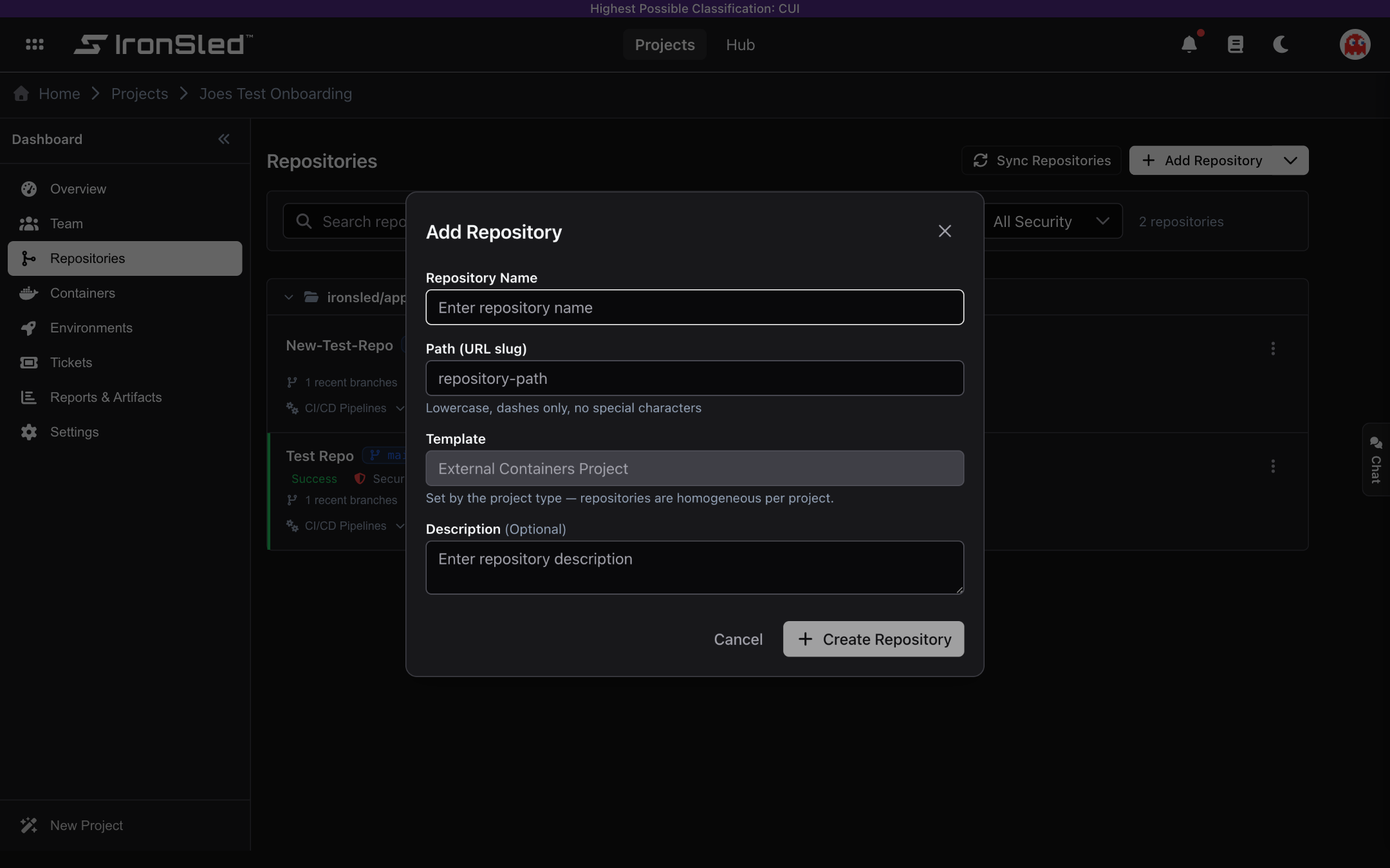The Add Repository dialog for an Upload project — Repository Name and Path (URL slug) fields, a read-only Template field locked to the container-upload type, an optional Description, and Cancel / Create Repository buttons