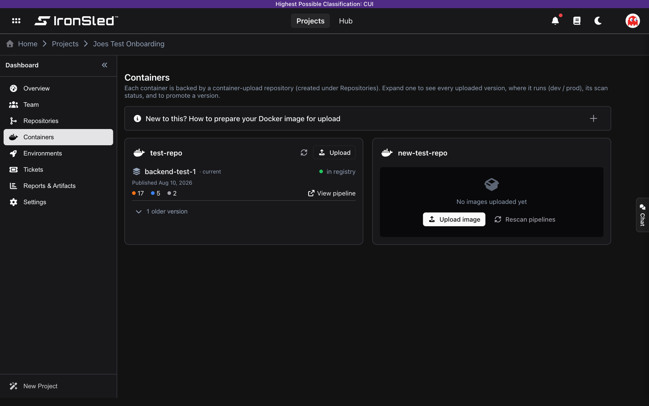 The Containers section of an Upload project — a container card backed by a container-upload repository, the "How to prepare your Docker image for upload" help panel, and the Upload button used to add a new image version