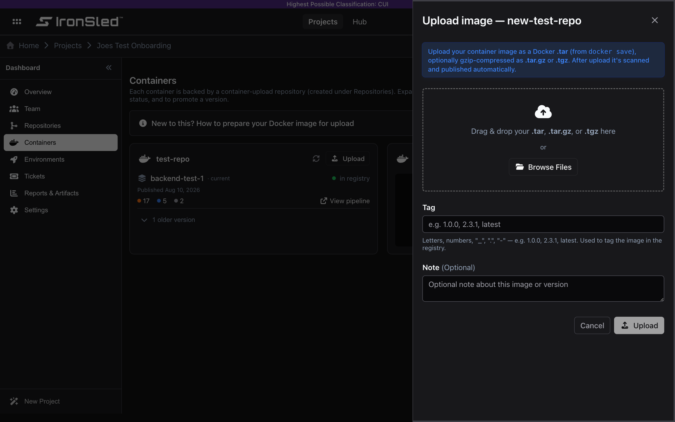 The Upload image drawer — an information banner, a drag-and-drop dropzone with a Browse Files button for a .tar, .tar.gz, or .tgz file, a Tag field, an optional Note field, and Cancel / Upload buttons